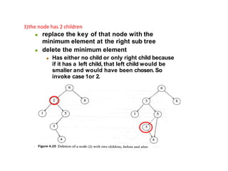 3)the node has 2 children
 replace the key of that node with the
minimum element at the right sub tree
 delete the minimum element
 Has either no child or only right child because
if it has a left child, that left child would be
smaller and would have been chosen. So
invoke case 1or 2.
 