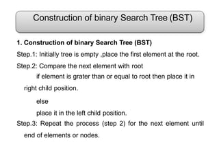 Construction of binary Search Tree (BST)
1. Construction of binary Search Tree (BST)
Step.1: Initially tree is empty ,place the first element at the root.
Step.2: Compare the next element with root
if element is grater than or equal to root then place it in
right child position.
else
place it in the left child position.
Step.3: Repeat the process (step 2) for the next element until
end of elements or nodes.
 