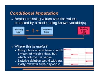 Conditional Imputation
! Replace missing values with the values
predicted by a model using known variable(s)
! Where this ...
