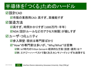 2017/4/22 Interface Device Laboratory, Kanazawa University http://ifdl.jp/
半導体を「つくる」ためのハードル
設計CAD
市販の業務用CAD: 高すぎ、高機能すぎ
製造方法
高すぎ、時間かかりすぎ（1000万円・半年）
NDA（設計ルールなどのアクセス制限）が厳しすぎ
ユーザ・コミュニティ
参入障壁：現状は専門家ばかり
“How”の専門家は多いが、”Why/What”は皆無
例：IoT時代のTrillion Sensor←経済的な方策（設置・運用）は？
例：エナジーハーベストで動く永久センサノード←いずれ故障する
 