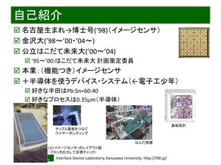 2017/4/22 Interface Device Laboratory, Kanazawa University http://ifdl.jp/
自己紹介
 名古屋生まれ→博士号(‘98)（イメージセンサ）
 金沢大(’98～’00・’04～)
 公立はこだて未来大(’00～’04)
 ’95〜’00:はこだて未来大 計画策定委員
 本業：（機能つき）イメージセンサ
 ＋半導体を使うデバイス・システム（←電子工少年）
 好きな半田はPb:Sn=60:40
 好きなプロセスは0.35μm（半導体）
LSI（イメージセンサ）のレイアウト図
（プロッタ出力して目視チェック）
チップと基板をつなぐ
ワイヤーボンディング
基板設計
はんだ部屋
 