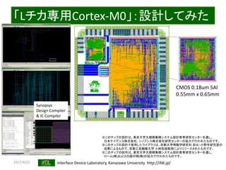 2017/4/22 Interface Device Laboratory, Kanazawa University http://ifdl.jp/
「Lチカ専用Cortex-M0」：設計してみた
CMOS 0.18um 5Al
0.55mm x 0.65mm
※このチップの設計は、東京大学大規模集積システム設計教育研究センターを通し、
日本ケイデンス株式会社、シノプシス株式会社研究センターの協力で行われたものです。
※このチップの設計で使用したライブラリは、京都大学情報学研究科 田丸・小野寺研究室の
成果によるもので、京都工芸繊維大学 小林和淑教授によりリリースされたものです。
※このチップの試作は、東京大学大規模集積システム設計教育研究センターを通し、
ローム(株)および凸版印刷(株)の協力で行われたものです。
Synopsys
Design Compiler
& IC Compiler
 
