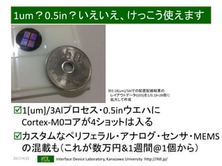 2017/4/22 Interface Device Laboratory, Kanazawa University http://ifdl.jp/
1um？0.5in？いえいえ、けっこう使えます
1[um]/3Alプロセス・0.5inウエハに
Cortex-M0コアが4ショットは入る
カスタムなペリフェラル・アナログ・センサ・MEMS
の混載も（これが数万円&1週間@1個から）
※0.18[um]/3Alでの配置配線結果の
レイアウトデータ(GDS)を1/0.18=28倍に
拡大して作成
 