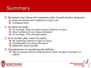 UW Neuromuscular
Biomechanics
Lab
Summary
 Persistent scar tissue and weakness alter muscle-tendon dynamics
 Reduced displacement adjacent to injury site
 Increased strain
 At return to sport
 On average, 20% of muscle shows evidence of injury
 Clear evidence of scar tissue formation
 On average, 10% strength deficit
 At 6 months after return to sport:
 No remaining edema or signs of injury
 Considerable scar tissue formation
 Bilaterally equal strength
 Consideration of neuromuscular deficits:
 May be present during initial period of return to sport secondary to
edema
 