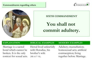 Commandments regarding others
SIXTH COMMANDMENT
You shall not
commit adultery.
EXPLANATION BIBLICAL EXAMPLES MODERN EXAMPLES
Marriage is a sacred
bond which cannot be
broken. It is the only
context for sexual acts.
Herod lived unlawfully
with Herodias, his
brother’s wife
(Mk 6:17-18).
Adultery; masturbation;
homosexual acts; artificial
contraception; living
together before Marriage.
 