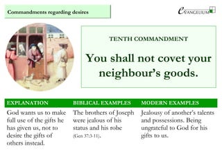 Commandments regarding desires
TENTH COMMANDMENT
You shall not covet your
neighbour’s goods.
EXPLANATION BIBLICAL EXAMPLES MODERN EXAMPLES
God wants us to make
full use of the gifts he
has given us, not to
desire the gifts of
others instead.
The brothers of Joseph
were jealous of his
status and his robe
(Gen 37:3-11).
Jealousy of another’s talents
and possessions. Being
ungrateful to God for his
gifts to us.
 