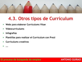 4.3. Otros tipos de Currículum 
Webs para elaborar Currículums Vitae 
Videocurrículums 
Infografías 
Plantillas para realizar el Currículum con Prezi 
Currículums creativos 
... 
El proceso de búsqueda de empleo ANTONIO GUIRAO 
 