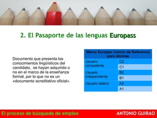 2. El Pasaporte de las lenguas EEuurrooppaassss 
Documento que presenta los 
conocimientos lingüísticos del 
candidato, se hayan adquirido o 
no en el marco de la enseñanza 
formal, por lo que no es un 
«documento acreditativo oficial». 
Marco Europeo Común de Referencia 
para idiomas 
Usuario 
competente 
C2 
C1 
Usuario 
independiente 
B2 
B1 
Usuario básico A2 
A1 
El proceso de búsqueda de empleo ANTONIO GUIRAO 
 
