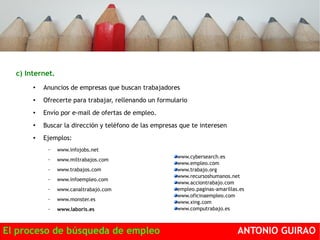 c) Internet. 
● Anuncios de empresas que buscan trabajadores 
● Ofrecerte para trabajar, rellenando un formulario 
● Envío por e-mail de ofertas de empleo. 
● Buscar la dirección y teléfono de las empresas que te interesen 
● Ejemplos: 
– www.infojobs.net 
– www.miltrabajos.com 
– www.trabajos.com 
– www.infoempleo.com 
– www.canaltrabajo.com 
– www.monster.es 
– www.laboris.es 
www.cybersearch.es 
www.empleo.com 
www.trabajo.org 
www.recursoshumanos.net 
www.acciontrabajo.com 
empleo.paginas-amarillas.es 
www.oficinaempleo.com 
www.xing.com 
www.computrabajo.es 
El proceso de búsqueda de empleo ANTONIO GUIRAO 
 
