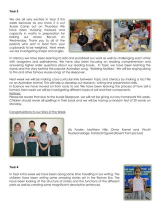 Year 3

We are all very excited in Year 3 this
week because as you know it is out
Aussie Camp out on Thursday! We
have been studying measure and
capacity in maths in preparation for
baking    our    Anzac    Biscuits on
Wednesday. Thank you to all of the
parents who sent in food from your
cupboards to be weighed. Next week
we are investigating shape and angles.

In Literacy we have been learning to edit and proofread our work as well as challenging each other
with anagrams and palindromes. We have also been focusing on reading comprehension and
answering higher order questions about our reading books. In Topic we have been learning the
words and the story behind the popular Australian song, ‘Waltzing Matilda’. We will be singing along
to this and other famous Aussie songs at the sleepover.

Next week we will be making cross-curricular links between Topic and Literacy by making a fact file
on an Australian Animal. This will help us develop our research, writing and presentation skills.
In Science we have moved on from rocks to soil. We have been learning the process of how soil is
formed. Next week we will be investigating different types of soil and their components.
Notices:
Please be aware that due to the Aussie Sleepover, we will not be giving out any homework this week.
Children should revise all spellings in their book and we will be having a random test of 20 words on
Monday.

Congratulations to our Stars of the Week




                                           Lily Fowler, Matthew Hile, Omar Kamel and Vinuth
                                           Mudiyanselage, Farida El Ogueil (Absent from picture)




Year 4

In Year 4 this week we have been doing some time travelling in our writing. The
children have been writing some amazing stories set in the Roman Era. The
have been looking at the structure of stories and the functions of the different
parts as well as creating some magnificent descriptive sentences.

                                                                                                  10
 