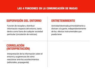SUPERVISIÓN DEL ENTORNO
LAS 4 FUNCIONES EN LA COMUNICACIÓN DE MASAS
ENTRETENIMIENTO
CORRELACIÓN
(INTERPRETACIÓN)
Función de recopilar y distribuir
información respecto del entorno, tanto
dentro como fuera de cualquier sociedad
particular (circulación de noticias)
Actividad destinada primordialmente a
distraer a la gente, independientemente
de los efectos instrumentales que
pueda tener
Interpretación de la información sobre el
entorno y sugerencias de cómo
reaccionar ante los acontecimientos
(editoriales, propaganda)
 