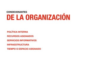 CONDICIONANTES
DE LA ORGANIZACIÓN
POLÍTICA INTERNA
RECURSOS ASIGNADOS
SERVICIOS INFORMATIVOS
INFRAESTRUCTURA
TIEMPO O ESPACIO ASIGNADO
 