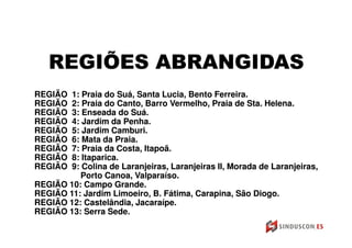 REGIÕES ABRANGIDAS
REGIÃO  1: Praia do Suá, Santa Lucia, Bento Ferreira.
                    Suá,
REGIÃO  2: Praia do Canto, Barro Vermelho, Praia de Sta. Helena.
REGIÃO  3: Enseada do Suá.
                       Suá.
REGIÃO  4: Jardim da Penha.
REGIÃO  5: Jardim Camburi.
                   Camburi.
REGIÃO  6: Mata da Praia.
REGIÃO  7: Praia da Costa, Itapoã.
                           Itapoã.
REGIÃO  8: Itaparica.
REGIÃO  9: Colina de Laranjeiras, Laranjeiras II, Morada de Laranjeiras,
           Porto Canoa, Valparaíso.
                         Valparaíso.
REGIÃO 10: Campo Grande.
REGIÃO 11: Jardim Limoeiro, B. Fátima, Carapina, São Diogo.
REGIÃO 12: Castelândia, Jacaraípe.
REGIÃO 13: Serra Sede.
 