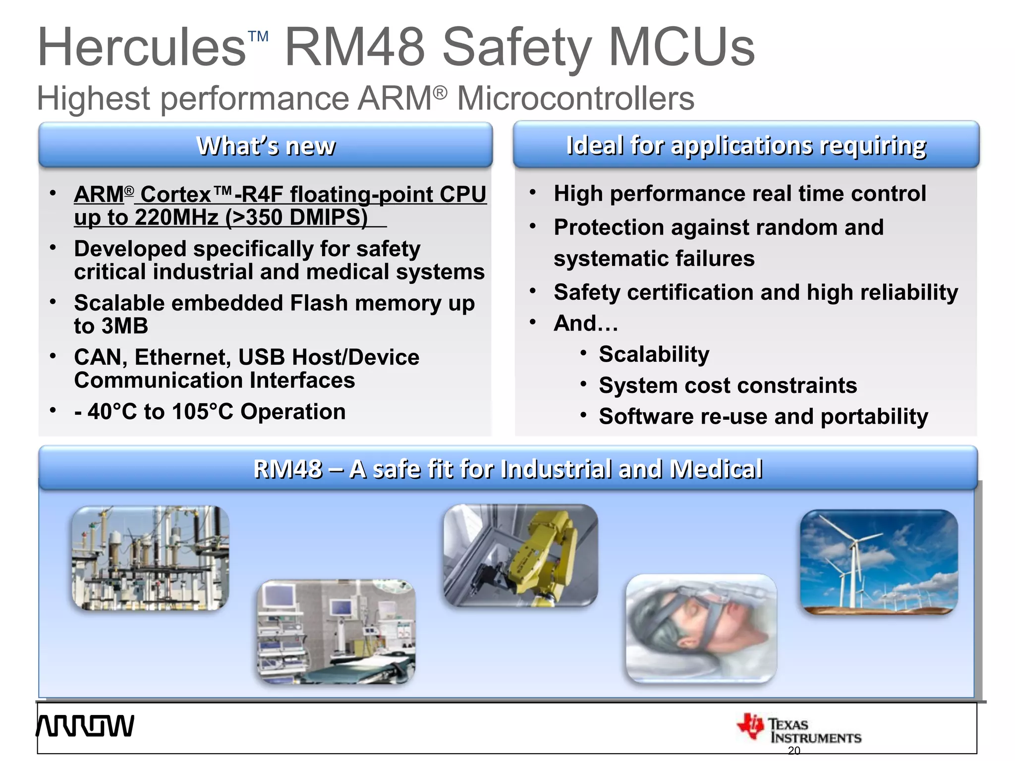 • High performance real time control
• Protection against random and
systematic failures
• Safety certification and high reliability
• And…
• Scalability
• System cost constraints
• Software re-use and portability
Ideal for applications requiringIdeal for applications requiring
• ARM®
Cortex™-R4F floating-point CPU
up to 220MHz (>350 DMIPS)
• Developed specifically for safety
critical industrial and medical systems
• Scalable embedded Flash memory up
to 3MB
• CAN, Ethernet, USB Host/Device
Communication Interfaces
• - 40°C to 105°C Operation
What’s newWhat’s new
HerculesTM
RM48 Safety MCUs
Highest performance ARM®
Microcontrollers
RM48 – A safe fit for Industrial and MedicalRM48 – A safe fit for Industrial and Medical
20
 