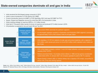 7
State-owned companies dominate oil and gas in India
 India remained the third-largest energy consumer in 2019.
 India’s crude oil production in FY20 stood at 32.2 MMT.
 Crude oil production stood at 4.9 MMT in FY22 (April-May 2021) and was 30.5 MMT for FY21.
 Assam, Gujarat and Rajasthan account for more than 96% of oil production in India.
 India’s existing strategic oil reserves (SPR) is ~5.3 million tonnes.
 India had 4.7 thousand million barrels of proven oil reserves and produced 37.5 million tonnes in 2019.
 Oil production is expected to rise and reach 36 bcm^ by 2021.
 State-owned ONGC dominate the upstream segment.
 It is the largest upstream company in Exploration and Production (E&P) segment, accounting
for approximately 70.0% of the country’s total oil and gas output.
 IOCL operates a 14,701 km network of crude, gas and product pipelines, with a capacity of
94.6 million metric tonnes per annum of oil and 20.0 million metric standard cubic meters per
day of gas.
 IOCL is the largest company, controls 11 out of 22 Indian refineries, and has a combined
capacity of 80.7 MTPA.
 Reliance launched India’s 1st privately owned refinery in 1999 and has gained considerable
market share (30%). In January 2021, the company operated its plant at 96.1% capacity.
 Nayara Energy Limited’s (NEL’s) Vadinar refinery has a capacity of 20 mmtpa, accounting for
almost 10% of the total refining capacity.
Indian Oil and
Gas sector
Upstream segment
- exploration and
production
Midstream
segment - storage
and transportation
Downstream
segment - refining,
processing and
marketing
Source: BP Statistical Review 2020, US Energy Information Administration, Petroleum Planning and Analysis Cell
Notes: bcm - Billion Cubic Metres, mbpd - Million Barrels Per Day, mmscmd - Million Metric Standard Cubic Metre Per Day, mmtpa -- million metric tons per annum, ^As per IEA
 