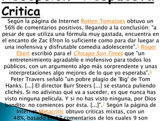 Recepción: Respuesta
Critica
   Según la página de Internet Rotten Tomatoes obtuvo un
 56% de comentarios positivos, llegando a la conclusión: "a
pesar de que utiliza una fórmula muy gastada, encuentra en
el encanto de Zac Efron lo suficiente como para dar luegar a
 una inofensiva y disfrutable comedia adolescente".5 Roger
       Ebert escribió para el Chicago Sun Times que "un
     entretenimiento agradable e inofensivo para todos los
 públicos, con un argumento algo más sorprendente y unas
    interpretaciones algo mejores de lo que yo esperaba".6
     Peter Travers señaló "un pobre plagio de 'Big' de Tom
  Hanks. [...] El director Burr Steers [...] se estanca puliendo
 clichés. Si no adivinas qué va a suceder, es que nunca has
 visto ninguna película. Y si no has visto ninguna, por Dios
 bendito: no comiences por ésta. [...]".7 Según la página de
       Internet Metacritic obtuvo críticas mixtas, con un
      48%, basado en 17 comentarios de los cuales 9 son
 