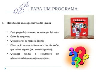 … PARA UM PROGRAMA Identificação das expectativas dos jovens Cada grupo de jovens tem as suas especificidades; Caixa de perguntas; Questionários de resposta aberta; Observação de acontecimentos e das discussões que se lhes seguem (ex.: aluna fica grávida); Questões ligadas à sexualidade em telenovelas/séries que os jovens vejam… 