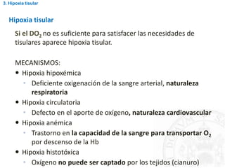Hipoxia tisular
Si el DO2 no es suficiente para satisfacer las necesidades de
tisulares aparece hipoxia tisular.
MECANISMOS:
 Hipoxia hipoxémica
• Deficiente oxigenación de la sangre arterial, naturaleza
respiratoria
 Hipoxia circulatoria
• Defecto en el aporte de oxígeno, naturaleza cardiovascular
 Hipoxia anémica
• Trastorno en la capacidad de la sangre para transportar O2
por descenso de la Hb
 Hipoxia histotóxica
• Oxígeno no puede ser captado por los tejidos (cianuro)
3. Hipoxia tisular
 