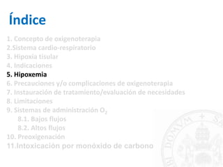 Índice
1. Concepto de oxigenoterapia
2.Sistema cardio-respiratorio
3. Hipoxia tisular
4. Indicaciones
5. Hipoxemia
6. Precauciones y/o complicaciones de oxigenoterapia
7. Instauración de tratamiento/evaluación de necesidades
8. Limitaciones
9. Sistemas de administración O2
8.1. Bajos flujos
8.2. Altos flujos
10. Preoxigenación
11.Intoxicación por monóxido de carbono
 