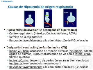  Hipoventilación alveolar (se acompaña de hipercapnia)
 Centro respiratorio (intoxicación, traumatismo, ACVA)
 Defecto de la caja torácica
 Responde favorablemente a la administración de FiO2 elevadas
 Desigualdad ventilación/perfusión (índice V/Q)
 Índice V/Q bajo: ocupación de espacio alveolar (neumonia, edema
agudo de pulmón, SDRA) y obstrucción de vía aérea (asma, EPOC,
fibrosis quística)
 Índice V/Q alto: descenso de perfusión en áreas bien ventiladas
(enfisema, tromboembolismo pulmonar)
 Responde favorablemente a la administración de FiO2 elevadas
Causas de Hipoxemia de origen respiratorio
V/Q bajo:
5. Hipoxemia
 