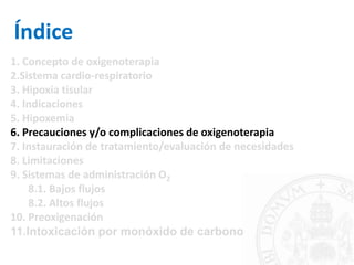 Índice
1. Concepto de oxigenoterapia
2.Sistema cardio-respiratorio
3. Hipoxia tisular
4. Indicaciones
5. Hipoxemia
6. Precauciones y/o complicaciones de oxigenoterapia
7. Instauración de tratamiento/evaluación de necesidades
8. Limitaciones
9. Sistemas de administración O2
8.1. Bajos flujos
8.2. Altos flujos
10. Preoxigenación
11.Intoxicación por monóxido de carbono
 