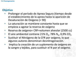 Objetivo
• Prolongar el periodo de Apnea Segura (tiempo desde
el establecimiento de la apnea hasta la aparición de
Desaturación de Oxígeno (< 90)
• La saturación se mantiene constante hasta que se
empieza a agotar la reserva de oxígeno
• Reserva de oxígeno= CRF=volumen alveolar (2500 cc)
• El aire ambiental contiene 21% O2, 78% N2, 0,9% CO2
• Sustituir el Nitrógeno de la CFR por oxígeno, lo que
algunos autores denominan desnitrogenación.
• Implica la creación de un suplemento de oxígeno en
la sangre y tejidos, para sustituir el N por el oxígeno.
10. Preoxigenación
 