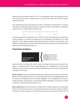 Fundamentos y Manejo de Especies forrajeras 
Capacidad de intercambio catiónico ( C IC ). Es la capacidad o potencial electroquímica que 
tiene el suelo para retener o ceder cationes o aniones, entre mayor sea la CIC es mayor la 
fertilidad del suelo. 
pH o reactividad del suelo. Es el grado de acidez, neutralidad o alcalinidad de un suelo lo 
cual afecta la solubilidad y absorción de los nutrientes del suelo por las plantas. La escala de 
valores de pH y su interpretación es definida así: 
En términos generales se considera que un pH de 5.5 a 6.5 es el óptimo para la mayoría de 
cultivos forrajeros, no obstante hay especies que se desarrollan mejor dentro de un rango 
específico. Como algunas especies gramíneas del género Brachiaria son tolerantes a pH 
ácidos por debajo de pH 5.0 valores a los cuales es limitante para el crecimiento y desarrollo 
adecuado de otras especies forraje- ras. 
Propiedades biológicas: 
Hace referencia a la interac ción de los macro y microorga nismos para la formación, inte 
gración y transformación del suelo. Estos organismos en la degradación de los residuos 
orgánicos reducen el volumen de los residuos vegetales además los mezclan mejorando así 
la aireación y el drenaje. 
Materia orgánica: Es una de las partes sólidas de los suelos y que se encuentra en distin- tos 
grados de descomposición. Se forma como resultado de la acción desintegradora que hacen 
los macro y microorganismos de los residuos vegetales. Los microorganismos del suelo ( 
hongos, bacterias, actinomicetos ) , descomponen estos materiales y lo convierten en un tipo 
de estructura bastante estable llamado humus. 
Macro-organismos: Son los que ayudan a transformar la materia orgánica y a transportarla 
dentro del perfil del suelo como es el caso de las lombrices que hacen túneles o galerías 
y depositan material orgánico en las diferentes capas del suelo, además transforman los 
17 
 
