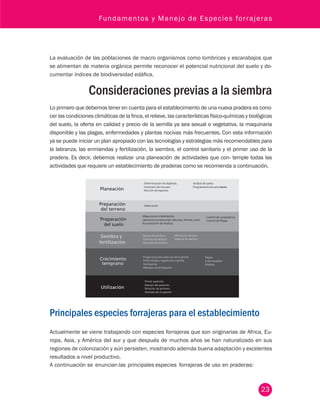 Fundamentos y Manejo de Especies forrajeras 
La evaluación de las poblaciones de macro organismos como lombrices y escarabajos que 
se alimentan de materia orgánica permite reconocer el potencial nutricional del suelo y do-cumentar 
índices de biodiversidad edáfica. 
Consideraciones previas a la siembra 
Lo primero que debemos tener en cuenta para el establecimiento de una nueva pradera es cono-cer 
las condiciones climáticas de la finca, el relieve, las características físico-químicas y biológicas 
del suelo, la oferta en calidad y precio de la semilla ya sea sexual o vegetativa, la maquinaria 
disponible y las plagas, enfermedades y plantas nocivas más frecuentes. Con esta información 
ya se puede iniciar un plan apropiado con las tecnologías y estrategias más recomendables para 
la labranza, las enmiendas y fertilización, la siembra, el control sanitario y el primer uso de la 
pradera. Es decir, debemos realizar una planeación de actividades que con- temple todas las 
actividades que requiere un establecimiento de praderas como se recomienda a continuación. 
23 
Determinación de objetivos 
Inventario de recursos 
Elección de espacios 
Adecuación 
Análisis de suelos 
Maquinaria e implementos 
Labranza (convencional, reducida, mínima, cero) 
Incorporación de residuos 
Control de competencia 
Control de Plagas 
Épocas de siembra 
Sistemas de siembra 
Densidad de siembra 
Metodo de siembra 
Material de siembra 
Pregerminacióny eleccion de la semilla 
Profundidad y tapado de la semilla 
Fertilizantes 
Métodos de fertilización 
Plagas 
Enfermedades 
Malezas 
Primer pastoreo 
Manejo del pastoreo 
Rotación de potreros 
Períodos de ocupación 
Programación de actividades 
Principales especies forrajeras para el establecimiento 
Actualmente se viene trabajando con especies forrajeras que son originarias de Africa, Eu-ropa, 
Asia, y América del sur y que después de muchos años se han naturalizado en sus 
regiones de colonización y aún persisten, mostrando además buena adaptación y excelentes 
resultados a nivel productivo. 
A continuación se enuncian las principales especies forrajeras de uso en praderas: 
 