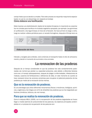 62 Fedegán - Asistegán campo hasta que se decida su empleo. Para este proceso es requerida maquinaria especia-lizada, 
lo cual es una desventaja con respecto al ensilaje 
Cómo elaborar una henificación. 
Debe hacerse una deshidratación rápida de los tejidos forrajeros; lo importante es cosechar 
los ma- teriales para henificar en el estado vegetativo apropiado, por ejemplo: Las gramíneas 
en prefloración y las leguminosas al inicio de la floración. Se hace primero la siega o corte, 
luego se realizan volteos periódicos para un secado homogéneo, después el forraje seco es 
Sesgado o 
corte del 
forraje 
Hilerado y 
volteado para 
secar al sol 
Enfardado Recolección Almacena-miento 
hilerado y recogido para enfardar, viene entonces el transporte hasta el sitio de almacena-miento 
y decidir el momento de suministro a los animales 
La renovacion de las praderas 
Después de un tiempo considerable en que las praderas han sido constantemente pasto-readas 
ves normal que pierdan su capacidad productiva, esto debido a diferentes factores 
como son, el manejo (sobrepastoreos), ataques de plagas o enfermedades, infestaciones de 
malezas, ausencia de fertilizaciones o deficiencia de ellas, en este momento es cuando se 
hace necesario tomar las acciones correctivas para recuperar el potencial productivo de las 
praderas por medio de la renovación de las mismas. 
Que es la renovación de praderas. 
Es una estrategia que utiliza diferentes mecanismos (físicos o mecánicos, biológicos, quími-cos 
y orgánicos) y los integra con el fin de rehabilitar las praderas que se han degradado por 
factores climáticos, bióticos y de mal manejo. 
Para que se realiza la renovación de praderas. 
Como lo estipula MILA, (2009), con la recuperación de las praderas degradadas se busca 
llegar a niveles óptimos de productividad de las pasturas, los objetivos principales contem-plados 
en un proceso de recuperación de las pasturas son: 
Alimentación 
Elaboración de Heno 
 
