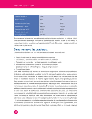 64 Fedegán - Asistegán Cobertura del suelo (%) 70-90 30-60 
Proteína cruda (%) 8-10 4-6 
Recuperación pradera (días) 15-30 45-60 
Ganancia peso ( g /a/día) 400-500 200-300 
Capacidad de carga ( a /día ) 1.5-2.0 0.8-1.2 
Tiempo de ceba ( m eses) 16-20 27-41 
Carne ( k g/ha/año ) 200-350 73-110 
Se observa de la tabla que la pradera degradada redujo su producción en más de 100%, 
tanto en cantidad de forraje, como en los contenidos de proteína cruda, lo cual refleja la 
respuesta animal en periodos muy largos de ceba ( h asta 41 meses) y baja producción de 
carne ( 1 00 kg/ha/ año ) 
Como renuevo las praderas. 
Una renovación se hace con una secuencia de actividades las cuales son: 
• Remoción de material vegetal improductivo con pastoreo 
• Desbrozada y labranza vertical con el renovador de praderas 
• Aplicación de enmiendas y fertilizantes según el análisis del suelo 
• Intersiembras de especies forrajeras productivas y nutritivas 
• Establecimiento de cultivos limpios y después empradización 
• Control fitosanitario 
Mila, 2009 comenta que el proceso de la renovación de praderas comienza con el pastoreo a 
fondo de la pradera degradada para bajar el nivel de biomasa, luego se realizan las operaciones 
de labranza primero con el paso de la desbrozadora la cual posee unas cuchillas rotatorias que 
rompe en finos trozos el colchón de material vegetal restante dejado por el ganado y cuyos resi-duos 
protegen el suelo y aportan nutrientes, después entra el renovador de praderas que es un 
prototipo de arado de cinceles el cual descompacta el suelo y lo airea para favorecer el flujo de 
nutrientes y el desarrollo de raíces de los pastos. El renovador tiene discos cortadores colocados 
adelante de los cinceles que cortan la vegetación residual permitiendo que los cinceles penetren 
al suelo hasta 50 cm de profundidad, sin levantar los cespedones del pasto. Los renovadores 
comerciales en la actualidad están provistos de tolvas que propician la siembra de semillas y apli-cación 
simultánea de abonos al suelo. Para la realización con eficiencia de las operaciones de 
labranza el suelo debe estar en condiciones óptimas de humedad (ni muy seca ni muy húmedo) 
. En la intersiembra deben introducirse especies mejoradas de gramíneas y leguminosas con el 
fin de obtener praderas más diversificadas, vigorosas, de alta producción y persistentes, tam-bién 
tener en cuenta un plan de manejo fitosanitario haciendo énfasis en el manejo integrado 
 
