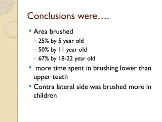 Conclusions were….
 Area brushed
◦ 25% by 5 year old
◦ 50% by 11 year old
◦ 67% by 18-22 year old
 more time spent in brushing lower than
upper teeth
 Contra lateral side was brushed more in
children
 