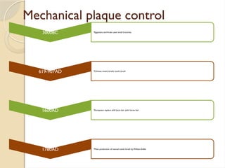 Mechanical plaque control
3000BC •Egyptians and Arabs used small branches.
619-907AD •Chinese invent bristle tooth brush
1600AD •Europeans replace wild bore hair with horse hair
1780AD •Mass production of manual tooth brush by William Addis
 