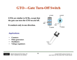 GTOGTO——Gate TurnGate Turn--Off SwitchOff Switch
GTOs are similar to SCRs, except thatGTOs are similar to SCRs, except that
the gate can turn the GTO on and off.
It conducts only in one direction.
ApplicationsApplicationsApplicationsApplications
• Counters
• Pulse generators
O ill t• Oscillators
• Voltage regulators
Copyright ©2009 by Pearson Education, Inc.
Upper Saddle River, New Jersey 07458 • All rights reserved.
Electronic Devices and Circuit Theory, 10/e
Robert L. Boylestad and Louis Nashelsky
1212
 