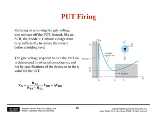 PUT FiringPUT Firing
Reducing or removing the gate voltage
dies not turn off the PUT. Instead, like an
SC h A d C h d lSCR, the Anode to Cathode voltage must
drop sufficiently to reduce the current
below a holding level.
The gate voltage required to turn the PUT on
is determined by external components, and
not by specifications of the device as in the ηy p η
value for the UJT.
B1R
BBBB
B2B1
B1
G ηVV
RR
R
V =
+
=
Copyright ©2009 by Pearson Education, Inc.
Upper Saddle River, New Jersey 07458 • All rights reserved.
Electronic Devices and Circuit Theory, 10/e
Robert L. Boylestad and Louis Nashelsky
2929
 