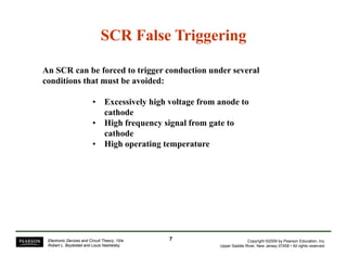 SCR False TriggeringSCR False Triggering
An SCR can be forced to trigger conduction under several
conditions that must be avoided:conditions that must be avoided:
• Excessively high voltage from anode to
cathode
• High frequency signal from gate to
cathode
• High operating temperature
Copyright ©2009 by Pearson Education, Inc.
Upper Saddle River, New Jersey 07458 • All rights reserved.
Electronic Devices and Circuit Theory, 10/e
Robert L. Boylestad and Louis Nashelsky
77
 