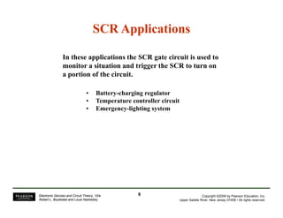 SCR ApplicationsSCR Applications
In these applications the SCR gate circuit is used to
monitor a situation and trigger the SCR to turn onmonitor a situation and trigger the SCR to turn on
a portion of the circuit.
• Battery-charging regulatory g g g
• Temperature controller circuit
• Emergency-lighting system
Copyright ©2009 by Pearson Education, Inc.
Upper Saddle River, New Jersey 07458 • All rights reserved.
Electronic Devices and Circuit Theory, 10/e
Robert L. Boylestad and Louis Nashelsky
99
 