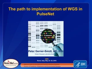 The path to implementation of WGS in
PulseNet
National Center for Emerging and Zoonotic Infectious Diseases
Division of Foodborne, Waterborne, and Environmental Diseases
Peter Gerner-Smidt, MD, DSc
Enteric Diseases Laboratory Branch
GMI9
Rome, Italy, May 23- 25, 2016
 