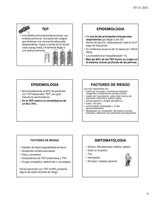 07-11-2011




                      TEP                                       EPIDEMIOLOGIA
• Una flebitis profunda puede provocar una         • Es una de las principales emergencias
  embolia pulmonar: una parte del coágulo            respiratorias que llegan a los SU
  que obstruye una vena profunda puede               Dentro de las Enf. cardiovascular está en el 3º
  desprenderse, migrar a través de la red de         lugar de frecuencia.
  vasos sanguíneos y finalmente llegar a
                                                   • Su incidencia anual es de 10 casos por 100mil
  una arteria pulmonar.
                                                     hbtes.
                                                   • La prevalencia en hospitalización 1%
                                                   • Más del 90% de los TEP tienen su origen en
                                                     el sistema venoso profundo de las piernas.




            EPIDEMIOLOGIA                                 FACTORES DE RIESGO
                                                   Los mas importantes son:
• Aproximadamente el 50% de pacientes              • Infarto de miocardio, insuficiencia cardiaca
  con TVP desarrollan TEP, con gran                  congestiva e insuficiencia venosa crónica.
                                                   • Lesión por traumatismo, sobre todo fractura de
  frecuencia asintomáticos.                          miembros inferiores y huesos largos.
• En el TEP masivo la mortalidad es de             • Anticonceptivos y terapia estrogénica.
  un 60 a 70%.                                     • Edad > 40 años.
                                                   • Inmovilización prolongada > 4 días
                                                     aproximadamente.
                                                   • Neoplasias con compresión del sistema venoso
                                                     profundo y liberación de sustancias procoagulantes.




           FACTORES DE RIESGO                                 SINTOMATOLOGIA
•   Estados de hipercoagulabilidad primaria.        •   Sofoco, dificultad para respirar, jadeos
•   Accidentes cerebrovasculares.                   •   Dolor en el pecho
•   Parto y puerperio.                              •   Tos
•   Antecedentes de TEP anterioeres y TVP.          •   Hemoptisis
•   Cirugía ortopédica, abdominal y neurológica.    •   Síncope, malestar general


De los pacientes con TEP el 60% presenta
alguno de estos factores de riesgo




                                                                                                            4
 