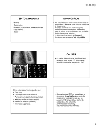 07-11-2011




          SINTOMATOLOGIA                                       DIAGNOSTICO
•   Fiebre                                     • Por sospecha clínica sobre la base de dificultades en
•   Sudoración                                   la respiración y dolor en el tórax, con o sin Radiografia
                                                 de tórax anormal
•   Cianosis localizada en las extremidades.     Puede ser confirmado con una Gammagrafia
•   Taquicardia                                  pulmonar de ventilación-perfusión , presentando
                                                 áreas de pulmón no perfundidas pero bien ventiladas.
•   PCR
                                               • Angiografía pulmonar selectiva.
                                               • La determinación en sangre del Dimero -d
                                               • Otra técnica que se usa es el TAC HELCOIDAL




                                                                    CAUSAS
                                                  • La fuente más común de embolismo son
                                                    las venas de la región PELVICAS y del
                                                    territorio proximal de las piernas , TVP




Otros orígenes de trombo pueden ser:
• Vena cava
• Cavidades cardíacas derechas                    • Generalmente el TEP es causado por el
                                                    sinergismo de varios factores tanto de
• Aurícula izquierda (fibrilación auricular)
                                                    riesgo como predisponentes, que se
• Válvulas cardíacas (endocarditis)                 pueden dividir en genéticos (deficit de
• Ventrículo derecho (necrosis)                     antitrombina III), adquiridos
• Miembros superiores.                              (enfermedades renales) y
                                                    circunstanciales(inmovilización)




                                                                                                             5
 