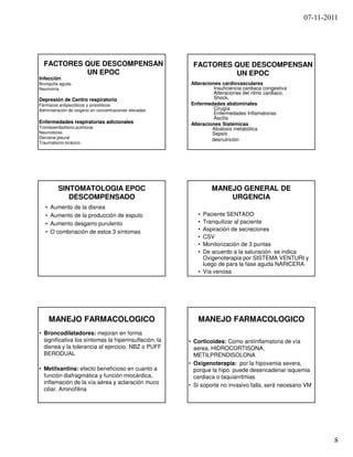 07-11-2011




  FACTORES QUE DESCOMPENSAN                              FACTORES QUE DESCOMPENSAN
           UN EPOC                                                UN EPOC
Infección
Bronquitis aguda                                        Alteraciones cardiovasculares
Neumonía                                                          Insuficiencia cardiaca congestiva
                                                                  Alteraciones del ritmo cardiaco.
Depresión de Centro respiratorio                                  Shock.
Fármacos antipsicóticos y ansioliticos                  Enfermedades abdominales
Administración de oxigeno en concentraciones elevadas             Cirugía
                                                                  Enfermedades Inflamatorias
                                                                  Ascitis
Enfermedades respiratorias adicionales                  Alteraciones Sistémicas
Tromboembolismo pulmonar                                         Alcalosis metabólica
Neumotorax                                                       Sepsis
Derrame pleural
                                                                 desnutrición
Traumatismo torácico.




         SINTOMATOLOGIA EPOC                                     MANEJO GENERAL DE
            DESCOMPENSADO                                            URGENCIA
   •   Aumento de la disnea
   •   Aumento de la producción de esputo                  • Paciente SENTADO
   •   Aumento desgarro purulento                          • Tranquilizar al paciente
   •   O combinación de estos 3 síntomas                   • Aspiración de secreciones
                                                           • CSV
                                                           • Monitorización de 3 puntas
                                                           • De acuerdo a la saturación se indica
                                                             Oxigenoterapia por SISTEMA VENTURI y
                                                             luego de para la fase aguda NARICERA
                                                           • Vía venosa




       MANEJO FARMACOLOGICO                                MANEJO FARMACOLOGICO
• Broncodilatadores: mejoran en forma
  significativa los síntomas la hiperinsuflación, la    • Corticoides: Como antiinflamatoria de vía
  disnea y la tolerancia al ejercicio. NBZ o PUFF         aerea, HIDROCORTISONA,
  BERODUAL                                                METILPRENDISOLONA
                                                        • Oxigenoterapia: por la hipoxemia severa,
• Metilxantina: efecto beneficioso en cuanto a            porque la hipo. puede desencadenar isquemia
  función diafragmática y función miocárdica,             cardiaca o taquiarritmias
  inflamación de la vía aérea y aclaración muco
                                                        • Si soporte no invasivo falla, será necesario VM
  ciliar. Aminofilina




                                                                                                              8
 
