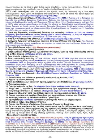 πολλά σπουδαίως εις τα δεξιά τα μέρη άνδρα εύρητε σπουδαίον... τούτον έξετε Δεσπότην». Άλλη εξ ίσου
σημαντική προφητεία είναι η ακόλουθη, που κατ’ αρχάς ετοποθετήθη κατά το έτος:
1053 υπό ανωνύμου τινός και φαίνεται σαν πρώτος τόπος της παρουσίας της η Ιερά Μονή
Κουτλουμουσίου - Αγίου Όρους. Η προφητεία αποτελείται από τα κάτωθι 24 άρθρα, που αρκετά έχουν ήδη
πραγματοποιηθή. (Εντός παρενθέσεως σημειώσεις υπό ΛΜΔ):
1. Μέγας Ευρωπαϊκός πόλεμος. (Α΄ Παγκόσμιος Πόλεμος, 1914-1918. Η Αυστρία μετά τη δολοφονία στο
Σεράγεβο του αρχιδούκα Φραγκίσκου Φερδινάνδου, διαδόχου του Αυστροουγγρικού θρόνου, κηρύσσει τον
πόλεμο στη Σερβία και έτσι αρχίζει ο Α΄ Παγκόσμιος Πόλεμος. Ως το 1916 η Ελλάδα παρέμεινε ουδέτερη. Από
το 1917 η χώρα μας συμπαρατάχθηκε με την Αντάντ. Στο μέτωπο της Θεσσαλονίκης συμπολέμησαν Έλληνες,
Γάλλοι, Βρετανοί και Ιταλοί εναντίον Αυστριακών, Γερμανών, Βουλγάρων. Ο ελληνικός στόλος ανέλαβε το
βάρος των επιχειρήσεων κατά του οθωμανικού στόλου. Η συνθηκολόγηση της Γερμανίας στις 11 Νοεμβρίου
1918 βάζει τέλος στο μεγάλο πόλεμο).
2. Ήττα της Γερμανίας, καταστροφή Ρωσσίας και Αυστρίας. (Διάλυση το 1918 της Αυστρο-
Ουγγαρίας, η Ρωσία αν και ήταν με τους νικητές έχασε 1.700.000 στρατιώτες (14,17%) και παραδόθηκε
στον κομμουνισμό. Η ηττημένη Γερμανία έχασε 1.800.000 στρατ. (16,12%)).
3. Ήττα των Αγαρηνών υπό Ελλήνων. (Η Ελλάδα βγήκε νικήτρια μαζί με την Αντάντ).
4. Ενίσχυσις Αγαρηνών υπό Δυτικών λαών και ήττα των Ελλήνων υπό της Άγαρ. (Τον Αύγουστο
του 1921 ο Ελληνικός στρατός αναγκάστηκε να ανακόψει την πορεία του προς την Άγκυρα, ύστερα από μια
αποτυχημένη μάχη στον Σαγγάριο).
5. Σφαγή Ορθοδόξων λαών. (1922, Μικρασιατική καταστροφή).
6. Και μεγάλη ανησυχία Ορθοδόξων λαών.
7. Εισβολή ξένων στρατευμάτων εξ Αδριατικού πελάγους. Ουαί εις τους κατοικούντας επί της
γης, ο Άδης έτοιμος. (Aλλοίμονο από τα νέα όπλα).
8. Προς στιγμήν ο Αγαρηνός μέγας.
9. Νέος ευρωπαϊκός πόλεμος. (Β΄Παγκ. Πόλεμος. Άρχισε στις 7/7/1937 στην Ασία από την Ιαπωνία
(επίθεση εναντίον της Κίνας) και στις 1/9/1939 στην Ευρώπη (επίθεση Γερμανίας στην Πολωνία). Τελείωσε στις
15 Αυγούστου 1945. Το φιλοχιτλερικό κίνημα εξερράγη στην Αυστρία μετά την δολοφονία του αυστριακού
καγκελάριου Ένγκελμπερτ Ντόλφους. Το 1934 είχε δολοφονηθεί από Κροάτη ο βασιλιάς της Σερβίας Alexandar
Karageorgevich, και πολλές δικτατορίες εγκαθιδρύθηκαν στην Ευρώπη λόγω της πολιτικής βίας).
10. Ένωσις Ορθοδόξων λαών μετά της Γερμανίας. (Στις 23 Αυγούστου 1939 η τότε Σοβιετική
Ένωση, και η Γερμανία υπέγραψαν Σύμφωνο μη Επίθεσης, στην πράξη το διαμελισμό της Πολωνίας).
11. Ήττα Γάλλων υπό Γερμανών. (Στις 14/6/1940 οι Γερμανοί στο Παρίσι. Παράδοση της Γαλλίας στις
25 Ιουνίου 1940)
12. Επανάστασις των Ινδιών και χωρισμός αυτών από της Αγγλίας. (1947)
13. Αγγλία εις μόνους Σάξωνας.
14. Νίκη Ορθοδόξων λαών και γενική σφαγή Αγαρηνών υπό Ορθοδόξων. (Α΄ φάση του 3ου Π.Π.)
15. Ανησυχία κόσμου.
16. Γενική απελπισία της Γης. (Τα σύγχρονα όπλα έτοιμα να εξαφανίσουν τα πάντα).
17. Μάχη επτά (7) κρατών εις Κωνσταντινούπολη. Τρία ημερονύκτια σφαγή. Νίκη του μεγαλυ-
τέρου κράτους κατά των εξ (6) κρατών. (Προηγείται η μάχη κοντά στη Νεκρά Θάλασσα).
18. Συμμαχία εξ κρατών κατά του εβδόμου κράτους, τρία ημερονύκτια σφαγή. (Β΄ φάση)
19. Παύσις πολέμου υπό αγγέλου (Θεού-Χριστού) και παράδοσις πόλεως τοις Έλλησι.
20. Υπόκυψις Λατίνων εις αλάνθαστον Πίστιν Ορθοδόξων.
21. Εξωθήσεται (θα εξαπλωθεί η) Ορθόδοξος Πίστις από Ανατολών μέχρι Δυσμών.
22. Φόβος και τρόμος βαρβάρων υπ' αυτής.
23. Παύσις του Πάπα και κήρυξις ενός Πατριάρχου δι' όλην την Ευρώπην.
24. Εν πέντε και πεντήκοντα έτη το τέλος των θλίψεων την δε εβδόμην ουκ έστι ταλαίπωρος,
ουκ έστιν εξόριστος, επανερχόμενος εις τας αγκάλας της Μητρός αγαλλομένης Εκκλησίας*.
Ούτως έσται και ούτω γένοιτο. Αμήν. Αμήν. Αμήν. Εγώ ειμί το Α και το Ω. Πρώτος και Έσχατος. Τέλος μία
ποίμνη και εις ποιμήν έσται εκ της αληθούς Ορθοδόξου πίστεως. Αυτό γένοιτο. Αμήν, Αμήν, Αμήν.
- Δούλος Χριστού Αληθινού Θεού. –
*Σημ. ΛΜΔ: Ίσως 5 και 50=550 έτη. Τότε 1453,5+550=2003,5 περίπου. Τότε, 10 χρόνια μετά την κοίμησή
του περίπου, είπε και ο γ. Παίσιος (+1994), θα ξεκινήσουν τα γεγονότα, όταν κυβερνήσει μια καινούργια
γενιά πολιτικών στην Τουρκία (Ισλαμιστές-Ερντογάν, το 2003,5). Και την εβδόμην (προστίθεται ένα
πολλαπλάσιο του 7). Για πολαπλ=1, τότε: 2003,5+7=2010,5, ή 2011 περίπου, τέλος των γεγονότων αυτών... H προφητεία
αυτή όπως και του Αγίου Ταρασίου, δίνουν, κοινή ημερομηνία για απελευθέρωση της Πόλης δύο φορές: α) 55χρ+7μήνες
και β) 550+7χρόνια περ. μετά την άλωση. Η πρώτη ήταν για παρηγοριά των υποδούλων Ρωμιών ότι ίσως σύντομα να
ελευθερωθούν. Σημειωτέον ότι η «εβδόμη» της προφητείας θεωρητικά μπορεί να φτάσει έως τα 70 χρόνια σε σχέση με τo
μέγεθος των 550 ετών. Στην πράξη όμως, περιορίζεται πολύ το διάστημα αυτό από άλλες προφητείες.
- 66 -
 