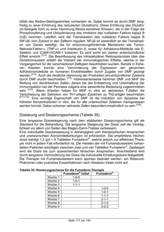 Seite 117 von 184
bilität des Redox-Gleichgewichtes vorhanden ist. Dabei kommt es durch DMF lang-
fristig zu einer Erhöhung des reduzierten Glutathions. Diese Erhöhung des Glutathi-
on-Spiegels führt zu einer Hemmung Redox-sensitiver Kinasen, die in der Folge die
Phosphorylierung und Ubiquitinierung des Inhibitors des nukleären Faktors kappa B
(IκB) hemmen. Letztlich wird die Translokation des nukleären Faktors kappa B
(NFκB) vom Zytosol in den Zellkern reguliert. NFκB ist wesentlich an der Transkripti-
on von Genen beteiligt, die für entzündungsfördernde Mediatoren wie Tumor-
Nekrose-Faktor-α (TNF-α) und Interleukin 8, sowie für Adhäsions-Moleküle wie E-
Selektin und ICAM1/VCAM-1 kodieren. Es wird somit ein starker antientzündlicher
Effekt erreicht [213]
. Die Beeinflussung des intrazellulären Redoxpotenzials über das
Glutathionsystem erklärt die Vielzahl der immunologischen Effekte, welche in der
Vergangenheit für die verschiedenen Zelltypen beschrieben wurden. Bereits in frühe-
ren Arbeiten konnte eine Verminderung der Expression der genannten
Adhäsionsmoleküle an humanen Endothelzellen durch Zugabe von DMF gezeigt
werden [214]
. Auch die deutliche Hemmung der Produktion pro-entzündlicher Zytokine
durch DMF wurde beschrieben [215]
. Interessanterweise hemmen DMF und MHF die
Reifung von dendritischen Zellen, denen bei der Entstehung und Unterhaltung der
Immunreaktion bei der Psoriasis vulgaris eine wesentliche Bedeutung zugeschrieben
wird [216]
. Ältere Arbeiten haben für MHF in vitro an aktivierten T-Zellen die
Verschiebung der Sekretion von Th1-artigen Zytokinen zu Th2-artigen beschrieben
[217-219]
. Eine wichtige Eigenschaft von DMF ist die Induktion von Apoptose bei
höheren Konzentrationen in vitro, die für alle untersuchten Zellarten nachgewiesen
werden konnte. Dabei scheinen aktivierte Zellen besonders empfindlich zu sein [220]
.
Dosierung und Dosierungsschema (Tabele 35)
Eine langsame Dosissteigerung nach dem etablierten Dosierungsschema gilt als
Standard für die Behandlung. Die langsame Steigerung der Dosis soll die Verträg-
lichkeit vor allem von Seiten des Magen-Darm-Traktes verbessern.
Eine individuelle Dosisanpassung in Abhängigkeit vom therapeutischen Ansprechen
und unerwünschten Arzneimittelwirkungen ist erforderlich. Die empfohlene Höchst-
dosis beträgt 1,2 g/d = 6 Tabletten Fumaderm®
, welche jedoch zur effektiven Thera-
pie nicht in jedem Fall erforderlich ist. Die meisten der mit Fumarsäureestern behan-
delten Patienten benötigen zwischen zwei und vier Tabletten Fumaderm
. Gesteigert
wird die Dosis bis zum ausreichenden klinischen Ansprechen. Anschließend wird
durch langsame Verminderung der Dosis die individuelle Erhaltungsdosis festgestellt.
Die Therapie mit Fumarsäureestern kann spontan beendet werden, ein Rebound-
Phänomen oder pustulöse Exazerbationen nach Absetzen treten nicht auf.
Tabelle 35: Dosierungsschema für die Fumaderm-Therapie
Fumaderm®
initial Fumaderm®
Woche 1 1-0-0
Woche 2 1-0-1
Woche 3 1-1-1
Woche 4 1-0-0
Woche 5 1-0-1
Woche 6 1-1-1
Woche 7 2-1-1
Woche 8 2-1-2
Woche 9 2-2-2
 