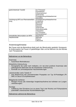 Seite 128 von 184
gastrointestinale Toxizität Co-Trimoxazol
Pyrimethamin
Chloramphenicol
Sulfonamide
Prostaglandinsynthetasehemmer
Zytostatika
Verdrängung MTX aus Plasmaeiweißbin-
dung
Prostaglandinsynthetasehemmer
Probenecid
Barbiturate
Phenytoin
Retinoide
Sulfonamide
Sulfonylharnstoffe
Tetrazykline
Co-Trimoxazol
Chloramphenicol
Intrazelluläre Akkumulation von MTX Dipyridamol
Hepatotoxizität Retinoide
Ethanol
Leflunomid
Anwendungshinweise
Bei Frauen wird die Behandlung direkt nach der Menstruation gestartet. Konsequen-
te Antikonzeption bei Frauen im gebärfähigen Alter und bei Männern bis drei Monate
nach Therapieende.
Maßnahmen vor der Behandlung
Anamnese
! Ausschluss Alkoholabusus
Körperliche Untersuchung
! Sonographie der Leber nach Indikation, d.h. bei einer positiven Anamnese oder
pathologischen Befunden bei der körperlichen Untersuchung
! Kontrolle von zirrhosetypischen Hautveränderungen
Laborkontrollen siehe Tabelle 41
! eine Bestimmung des aminoterminalen Propeptids von Typ III-Prokollagen (PI-
IINP) im Serum ist empfehlenswert
Bildgebende Verfahren
! Röntgen-Thorax (als notwendige Vergleichsaufnahme bei Auftreten von Lungen-
veränderungen)
Sonstige
! Aufklärung über Einnahme (nur an einem Tag in der Woche) und Frühsymptome
potentieller unerwünschter Arzneimittelwirkungen
Maßnahmen während der Behandlung
 