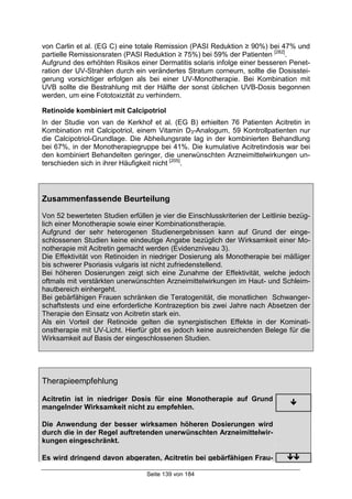 Seite 139 von 184
von Carlin et al. (EG C) eine totale Remission (PASI Reduktion ≥ 90%) bei 47% und
partielle Remissionsraten (PASI Reduktion ≥ 75%) bei 59% der Patienten [282]
.
Aufgrund des erhöhten Risikos einer Dermatitis solaris infolge einer besseren Penet-
ration der UV-Strahlen durch ein verändertes Stratum corneum, sollte die Dosisstei-
gerung vorsichtiger erfolgen als bei einer UV-Monotherapie. Bei Kombination mit
UVB sollte die Bestrahlung mit der Hälfte der sonst üblichen UVB-Dosis begonnen
werden, um eine Fototoxizität zu verhindern.
Retinoide kombiniert mit Calcipotriol
In der Studie von van de Kerkhof et al. (EG B) erhielten 76 Patienten Acitretin in
Kombination mit Calcipotriol, einem Vitamin D3-Analogum, 59 Kontrollpatienten nur
die Calcipotriol-Grundlage. Die Abheilungsrate lag in der kombinierten Behandlung
bei 67%, in der Monotherapiegruppe bei 41%. Die kumulative Acitretindosis war bei
den kombiniert Behandelten geringer, die unerwünschten Arzneimittelwirkungen un-
terschieden sich in ihrer Häufigkeit nicht [205]
.
Zusammenfassende Beurteilung
Von 52 bewerteten Studien erfüllen je vier die Einschlusskriterien der Leitlinie bezüg-
lich einer Monotherapie sowie einer Kombinationstherapie.
Aufgrund der sehr heterogenen Studienergebnissen kann auf Grund der einge-
schlossenen Studien keine eindeutige Angabe bezüglich der Wirksamkeit einer Mo-
notherapie mit Acitretin gemacht werden (Evidenzniveau 3).
Die Effektivität von Retinoiden in niedriger Dosierung als Monotherapie bei mäßiger
bis schwerer Psoriasis vulgaris ist nicht zufriedenstellend.
Bei höheren Dosierungen zeigt sich eine Zunahme der Effektivität, welche jedoch
oftmals mit verstärkten unerwünschten Arzneimittelwirkungen im Haut- und Schleim-
hautbereich einhergeht.
Bei gebärfähigen Frauen schränken die Teratogenität, die monatlichen Schwanger-
schaftstests und eine erforderliche Kontrazeption bis zwei Jahre nach Absetzen der
Therapie den Einsatz von Acitretin stark ein.
Als ein Vorteil der Retinoide gelten die synergistischen Effekte in der Kominati-
onstherapie mit UV-Licht. Hierfür gibt es jedoch keine ausreichenden Belege für die
Wirksamkeit auf Basis der eingeschlossenen Studien.
Therapieempfehlung
Acitretin ist in niedriger Dosis für eine Monotherapie auf Grund
mangelnder Wirksamkeit nicht zu empfehlen.
#
Die Anwendung der besser wirksamen höheren Dosierungen wird
durch die in der Regel auftretenden unerwünschten Arzneimittelwir-
kungen eingeschränkt.
Es wird dringend davon abgeraten, Acitretin bei gebärfähigen Frau- ##
 