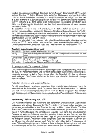 Seite 32 von 184
Studien eine geringere irritative Belastung durch Micanol®
dokumentiert ist [67]
, zeigen
andere Studien [59]
keine Unterschiede zwischen läsionalem und periläsionalem
Brennen und Irritation bei Kurzzeit- und Langzeittherapie. In einigen Studien, wie
z. B. bei de Mare et al. (EG B) zeigen sich nur bei 10% der Patienten eine Hautirrita-
tion [60]
, während z. B. Berth-Jones et al. mittels eines Fragebogens ermittelten, dass
80% ihrer Patienten die Hautirritationen bei der Langzeittherapie als sehr unange-
nehm empfanden [68]
.
Zu beachten sind auch die Hautverfärbungen der behandelten als auch der umlie-
genden gesunden Haut, welche vier bis sechs Wochen anhalten können, die Verfär-
bung von Haaren und Nägeln sowie die Verfärbung von Wäsche. Die selten anzutref-
fende Hypopigmentierung abgeheilter psoriatischer Herde verschwindet in der Regel
ebenfalls nach vier bis sechs Wochen.
Selten, vor allem bei Überdosierung, wird eine Blasenbildung oder eine Nekrose be-
schrieben [69-71]
. Sehr selten wird ebenfalls eine Kontaktallergieentwicklung auf
Dithranol beschrieben, zwischen 1982 und 1994 waren es 16 Fälle weltweit [72]
.
Tabelle 6: Auswahl wesentlicher UAW
Sehr häufig Hautirritationen wie Brennen, Jucken
Häufig Braunverfärbung der behandelten und der umliegenden Haut sowie der Wä-
sche
Gelegentlich Braunverfärbung von Haaren und Nägeln
Selten Postinflammatorische Hypopigmentierung
Sehr selten Kontaktallergie, Blasen- und Nekrosenbildung
Schwangerschaft / Teratogenität / Stillzeit
Die Zubereitungen sollen während der Schwangerschaft nicht großflächig, nicht mehr
als 30% der Körperoberfläche und nur nach sorgfältiger Nutzen-Risikoabwägung an-
gewendet werden, da keine Erkenntnisse über die Sicherheit für das ungeborene
Kind vorliegen. Die Cremes dürfen an der Brust von stillenden Müttern nicht ange-
wendet werden.
Patienten mit Nieren- und Leberinsuffizienz
Es gibt keine Daten, die darauf hinweisen, dass unverändertes Dithranol durch die
menschliche Haut absorbiert wird. Oxidiertes Anthron, Dithranoldimere und weitere
unlösliche Polymerisationsprodukte werden durch die Niere ausgeschieden. Rotstein
und Baker gehen nicht von einem nierenschädigenden Potenzial durch Anthralin aus
[73]
.
Vermeidung / Behandlung von UAW
Die Wahrscheinlichkeit des Auftretens der bekannten unerwünschten Arzneimittel-
wirkungen, wie leichtes Brennen, leichte Entzündung der behandelten und der um-
gebenden gesunden Haut sowie Braunverfärbung der Haut, Haare, Kleider, Textilien,
ist bei der „klassischen“ Behandlungsform selbstverständlich größer als bei einer Mi-
nuten- / Kurzzeittherapie. Die umgebende gesunde Haut kann bei umschriebenen
Plaques mit weicher Zinkpaste geschützt werden. Irritationen wie Brennen und Rö-
tung können kurzfristig über ein bis zwei Tage mit glukokortikosteroidhaltigen Exter-
na therapiert werden. Patienten sollten eingehend über das mögliche Auftreten die-
ser Symptome informiert werden und Patienten, die bisher keine Erfahrungen mit
einer Dithranoltherapie gemacht haben, sollten zu Beginn bevorzugt eher mit einer
Kurzzeittherapie als mit der „klassischen“ Dithranoltherapie behandelt werden.
 