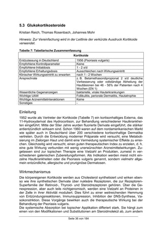 Seite 36 von 184
5.3 Glukokortikosteroide
Kristian Reich, Thomas Rosenbach, Johannes Mohr
Hinweis: Zur Vereinfachung wird in der Leitlinie der verkürzte Ausdruck Kortikoide
verwendet.
Tabelle 7: Tabellarische Zusammenfassung
Kortikoide
Erstzulassung in Deutschland 1956 (Psoriasis vulgaris)
Empfohlene Kontrollparameter Keine
Empfohlene Initialdosis 1 - 2 x/d
Empfohlene Erhaltungsdosis Ausschleichen nach Wirkungseintritt
Klinischer Wirkungseintritt zu erwarten nach 1 - 2 Wochen
Ansprechrate z. B. Betamethasondipropionat 2 x/d deutliche
Verbesserung oder vollständige Abheilung der
Hautläsionen bei 46 - 56% der Patienten nach 4
Wochen (EN 1)
Wesentliche Gegenanzeigen bakterielle, virale Hauterkrankungen
Wichtige UAW Follikulitis, periorale Dermatitis, Hautatrophie
Wichtige Arzneimittelinteraktionen Keine
Sonstiges -
Einleitung
1952 wurde als Vertreter der Kortikoide (Tabelle 7) ein kortisonhaltiges Externa, das
11-Hydroxyderivat des Hydrocortison, zur Behandlung verschiedener Hautkrankhei-
ten eingeführt. Mitte der 50er Jahre wurden fluorierte Derivate eingeführt, die stärker
antientzündlich wirksam sind. Schon 1960 waren auf dem nordamerikanischen Markt
wie später auch in Deutschland über 200 verschiedene kortisonhaltige Dermatika
vertreten. Durch die Entwicklung moderner Präparate wird versucht, eine Metaboli-
sierung im Zielorgan Haut und damit eine Vermeidung systemischer Effekte zu errei-
chen. Gleichzeitig wird versucht, einen guten therapeutischen Index zu erzielen, d. h.
eine gute Wirkung verbunden mit wenig unerwünschten Arzneimittelwirkungen. Zu-
gelassen sind zur topischen Therapie eine Vielzahl an Produkten, zumeist in ver-
schiedenen galenischen Zubereitungsformen. Als Indikation werden meist nicht ein-
zelne Hautkrankheiten oder die Psoriasis vulgaris genannt, sondern vielmehr allge-
mein entzündliche, allergische und pruriginöse Dermatosen.
Wirkmechanismus
Die körpereigenen Kortikoide werden aus Cholesterol synthetisiert und wirken eben-
so wie ihre synthetischen Derivate über nukleäre Rezeptoren, die zur Rezeptoren-
Superfamilie der Retinoid-, Thyroid- und Steroidrezeptoren gehören. Über die Ge-
nexpression, aber auch teils nichtgenomisch, werden eine Vielzahl an Proteinen in
der Zelle in ihrer Aktivität moduliert. Dies führt zu einer weitreichenden Hemmung
von Entzündungsreaktionen, Immunsuppression, Inhibition der DNS-Synthese, Va-
sokonstriktion. Diese Vorgänge bewirken auch die therapeutische Wirkung bei der
Behandlung der Psoriasis vulgaris.
Die systemische Absorption bei topischer Applikation differiert stark. Sie hängt zum
einen von den Modifikationen und Substitutionen am Steroidmolekül ab, zum andern
 