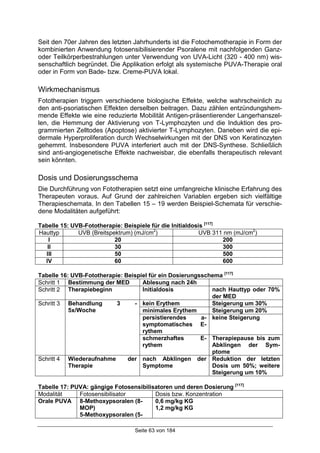 Seite 63 von 184
Seit den 70er Jahren des letzten Jahrhunderts ist die Fotochemotherapie in Form der
kombinierten Anwendung fotosensibilisierender Psoralene mit nachfolgenden Ganz-
oder Teilkörperbestrahlungen unter Verwendung von UVA-Licht (320 - 400 nm) wis-
senschaftlich begründet. Die Applikation erfolgt als systemische PUVA-Therapie oral
oder in Form von Bade- bzw. Creme-PUVA lokal.
Wirkmechanismus
Fototherapien triggern verschiedene biologische Effekte, welche wahrscheinlich zu
den anti-psoriatischen Effekten derselben beitragen. Dazu zählen entzündungshem-
mende Effekte wie eine reduzierte Mobilität Antigen-präsentierender Langerhanszel-
len, die Hemmung der Aktivierung von T-Lymphozyten und die Induktion des pro-
grammierten Zelltodes (Apoptose) aktivierter T-Lymphozyten. Daneben wird die epi-
dermale Hyperproliferation durch Wechselwirkungen mit der DNS von Keratinozyten
gehemmt. Insbesondere PUVA interferiert auch mit der DNS-Synthese. Schließlich
sind anti-angiogenetische Effekte nachweisbar, die ebenfalls therapeutisch relevant
sein könnten.
Dosis und Dosierungsschema
Die Durchführung von Fototherapien setzt eine umfangreiche klinische Erfahrung des
Therapeuten voraus. Auf Grund der zahlreichen Variablen ergeben sich vielfältige
Therapieschemata. In den Tabellen 15 – 19 werden Beispiel-Schemata für verschie-
dene Modalitäten aufgeführt:
Tabelle 15: UVB-Fototherapie: Beispiele für die Initialdosis [117]
Hauttyp UVB (Breitspektrum) (mJ/cm2
) UVB 311 nm (mJ/cm2
)
I 20 200
II 30 300
III 50 500
IV 60 600
Tabelle 16: UVB-Fototherapie: Beispiel für ein Dosierungsschema [117]
Schritt 1 Bestimmung der MED Ablesung nach 24h
Schritt 2 Therapiebeginn Initialdosis nach Hauttyp oder 70%
der MED
kein Erythem Steigerung um 30%
minimales Erythem Steigerung um 20%
persistierendes a-
symptomatisches E-
rythem
keine Steigerung
Schritt 3 Behandlung 3 -
5x/Woche
schmerzhaftes E-
rythem
Therapiepause bis zum
Abklingen der Sym-
ptome
Schritt 4 Wiederaufnahme der
Therapie
nach Abklingen der
Symptome
Reduktion der letzten
Dosis um 50%; weitere
Steigerung um 10%
Tabelle 17: PUVA: gängige Fotosensibilisatoren und deren Dosierung [117]
Modalität Fotosensibilisator Dosis bzw. Konzentration
Orale PUVA 8-Methoxypsoralen (8-
MOP)
5-Methoxypsoralen (5-
0,6 mg/kg KG
1,2 mg/kg KG
 