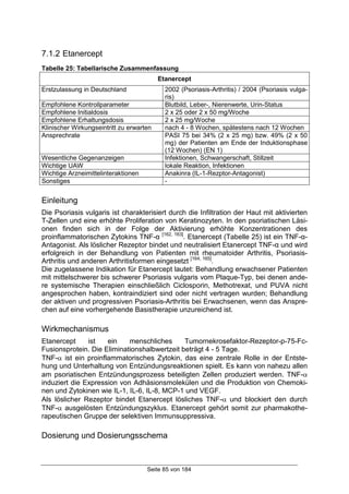 Seite 85 von 184
7.1.2 Etanercept
Tabelle 25: Tabellarische Zusammenfassung
Etanercept
Erstzulassung in Deutschland 2002 (Psoriasis-Arthritis) / 2004 (Psoriasis vulga-
ris)
Empfohlene Kontrollparameter Blutbild, Leber-, Nierenwerte, Urin-Status
Empfohlene Initialdosis 2 x 25 oder 2 x 50 mg/Woche
Empfohlene Erhaltungsdosis 2 x 25 mg/Woche
Klinischer Wirkungseintritt zu erwarten nach 4 - 8 Wochen, spätestens nach 12 Wochen
Ansprechrate PASI 75 bei 34% (2 x 25 mg) bzw. 49% (2 x 50
mg) der Patienten am Ende der Induktionsphase
(12 Wochen) (EN 1)
Wesentliche Gegenanzeigen Infektionen, Schwangerschaft, Stillzeit
Wichtige UAW lokale Reaktion, Infektionen
Wichtige Arzneimittelinteraktionen Anakinra (IL-1-Rezptor-Antagonist)
Sonstiges -
Einleitung
Die Psoriasis vulgaris ist charakterisiert durch die Infiltration der Haut mit aktivierten
T-Zellen und eine erhöhte Proliferation von Keratinozyten. In den psoriatischen Läsi-
onen finden sich in der Folge der Aktivierung erhöhte Konzentrationen des
proinflammatorischen Zytokins TNF-α [162, 163]
. Etanercept (Tabelle 25) ist ein TNF-α-
Antagonist. Als löslicher Rezeptor bindet und neutralisiert Etanercept TNF-α und wird
erfolgreich in der Behandlung von Patienten mit rheumatoider Arthritis, Psoriasis-
Arthritis und anderen Arthritisformen eingesetzt [164, 165]
.
Die zugelassene Indikation für Etanercept lautet: Behandlung erwachsener Patienten
mit mittelschwerer bis schwerer Psoriasis vulgaris vom Plaque-Typ, bei denen ande-
re systemische Therapien einschließlich Ciclosporin, Methotrexat, und PUVA nicht
angesprochen haben, kontraindiziert sind oder nicht vertragen wurden; Behandlung
der aktiven und progressiven Psoriasis-Arthritis bei Erwachsenen, wenn das Anspre-
chen auf eine vorhergehende Basistherapie unzureichend ist.
Wirkmechanismus
Etanercept ist ein menschliches Tumornekrosefaktor-Rezeptor-p-75-Fc-
Fusionsprotein. Die Eliminationshalbwertzeit beträgt 4 - 5 Tage.
TNF-α ist ein proinflammatorisches Zytokin, das eine zentrale Rolle in der Entste-
hung und Unterhaltung von Entzündungsreaktionen spielt. Es kann von nahezu allen
am psoriatischen Entzündungsprozess beteiligten Zellen produziert werden. TNF-α
induziert die Expression von Adhäsionsmolekülen und die Produktion von Chemoki-
nen und Zytokinen wie IL-1, IL-6, IL-8, MCP-1 und VEGF.
Als löslicher Rezeptor bindet Etanercept lösliches TNF-α und blockiert den durch
TNF-α ausgelösten Entzündungszyklus. Etanercept gehört somit zur pharmakothe-
rapeutischen Gruppe der selektiven Immunsuppressiva.
Dosierung und Dosierungsschema
 