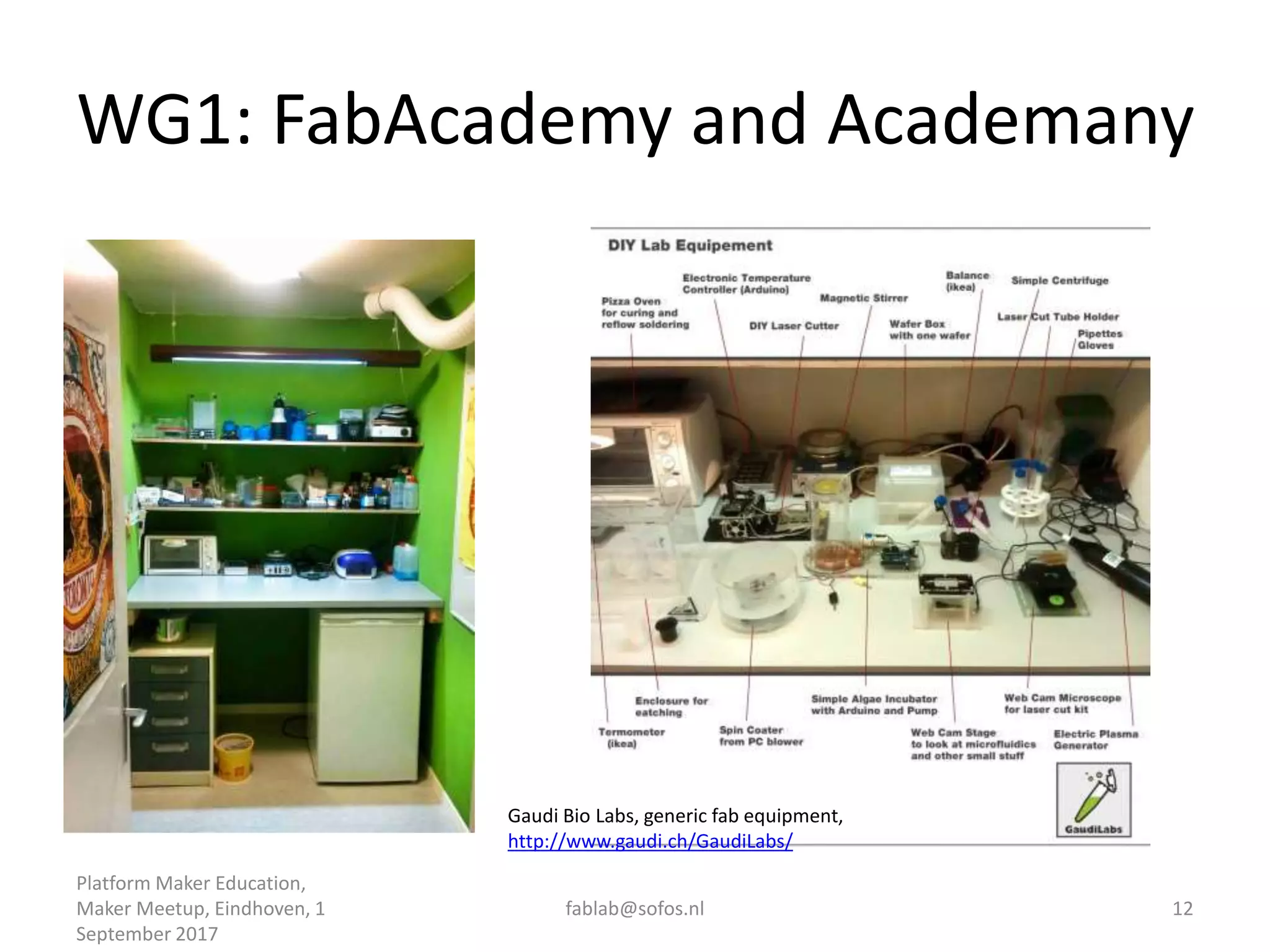 WG1: FabAcademy and Academany
Platform Maker Education,
Maker Meetup, Eindhoven, 1
September 2017
fablab@sofos.nl 12
Gaudi Bio Labs, generic fab equipment,
http://www.gaudi.ch/GaudiLabs/
 
