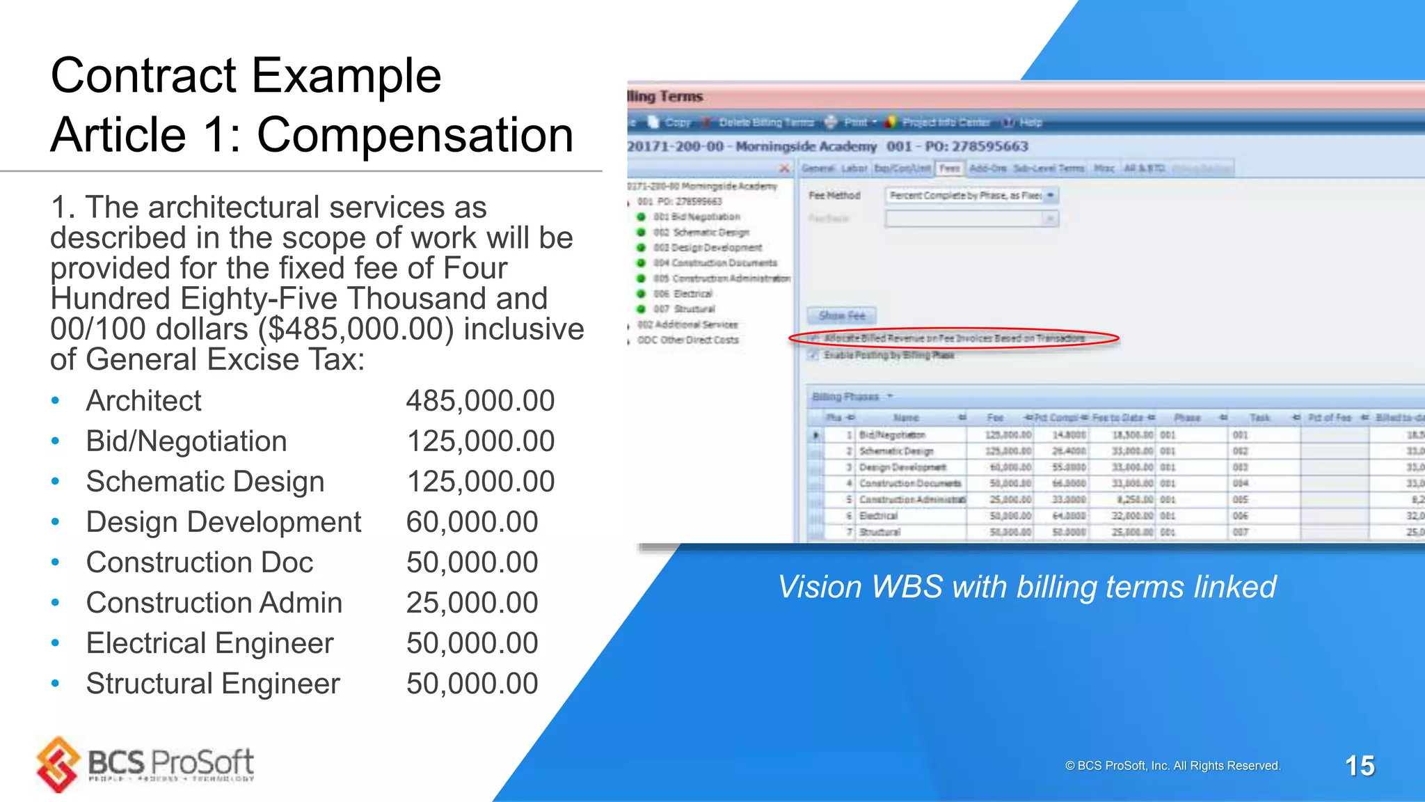 1. The architectural services as
described in the scope of work will be
provided for the fixed fee of Four
Hundred Eighty-Five Thousand and
00/100 dollars ($485,000.00) inclusive
of General Excise Tax:
• Architect 485,000.00
• Bid/Negotiation 125,000.00
• Schematic Design 125,000.00
• Design Development 60,000.00
• Construction Doc 50,000.00
• Construction Admin 25,000.00
• Electrical Engineer 50,000.00
• Structural Engineer 50,000.00
Contract Example
Article 1: Compensation
Vision WBS with billing terms linked
© BCS ProSoft, Inc. All Rights Reserved. 15
 